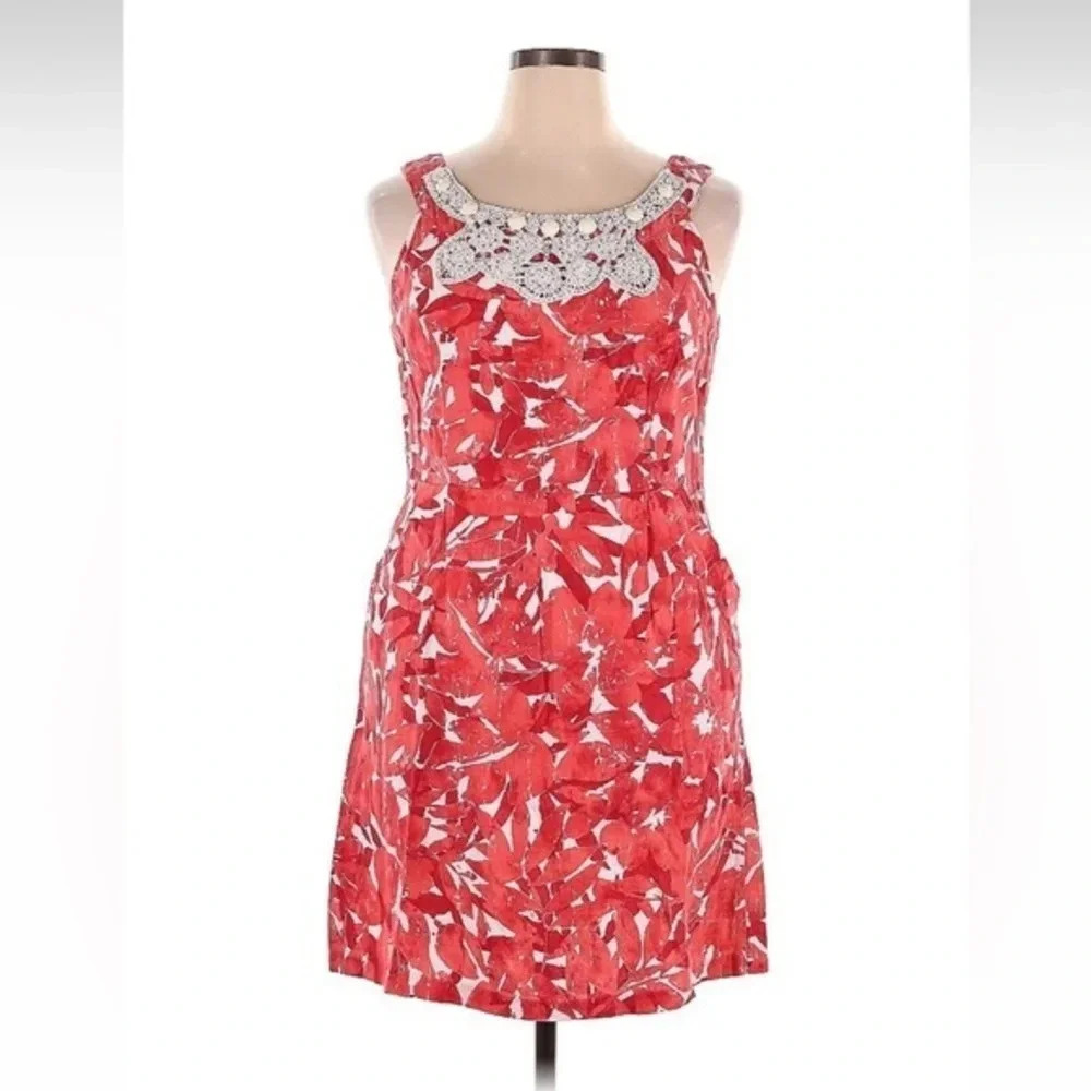 Cato Red & White Boho Tropical Resort Floral Linen Sleeveless Dress Size 16